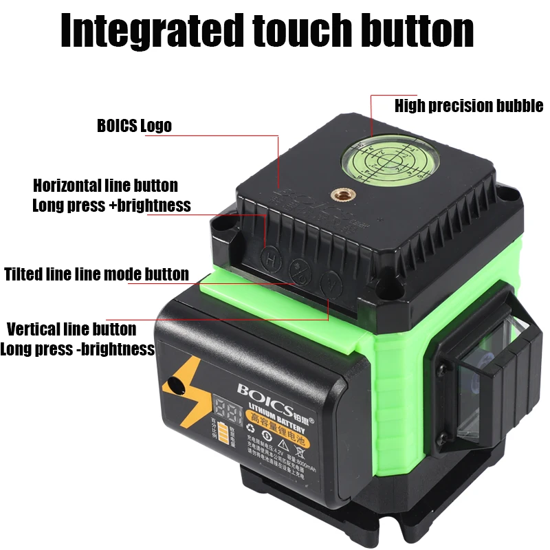 4D 12/16 Line 532nm High-precision Green Strong Light Cross Laser level Mini Portable with Battery Remote Control