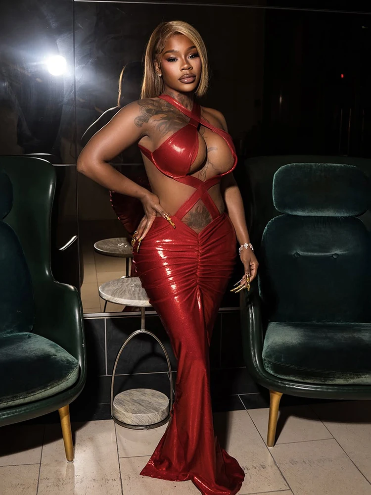 Nibber Ruches Club Jurk Vrouwen Sexy Backless Halter Hollow Cross Bandage Perzik Hip Hipster Stretch Skinny Activiteit Maxi Bodycon