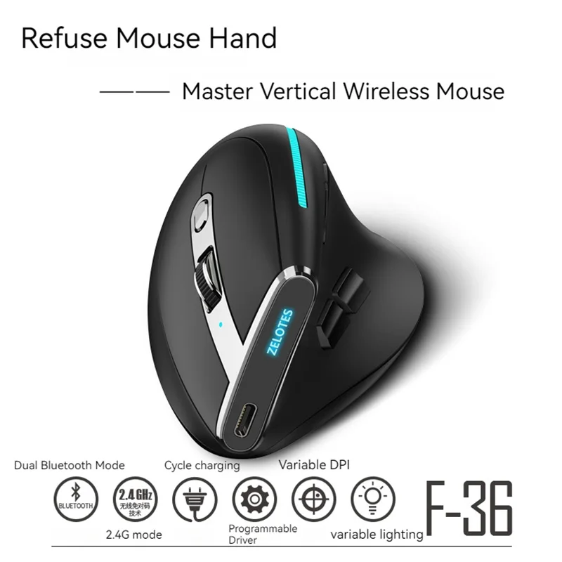 ZELOTES F36 Vertical Wireless Mouse Bluetooth Mouse 8 Key Rechargeable Programmable Gaming Mouse 2.4G 2400DPI for Laptop PC