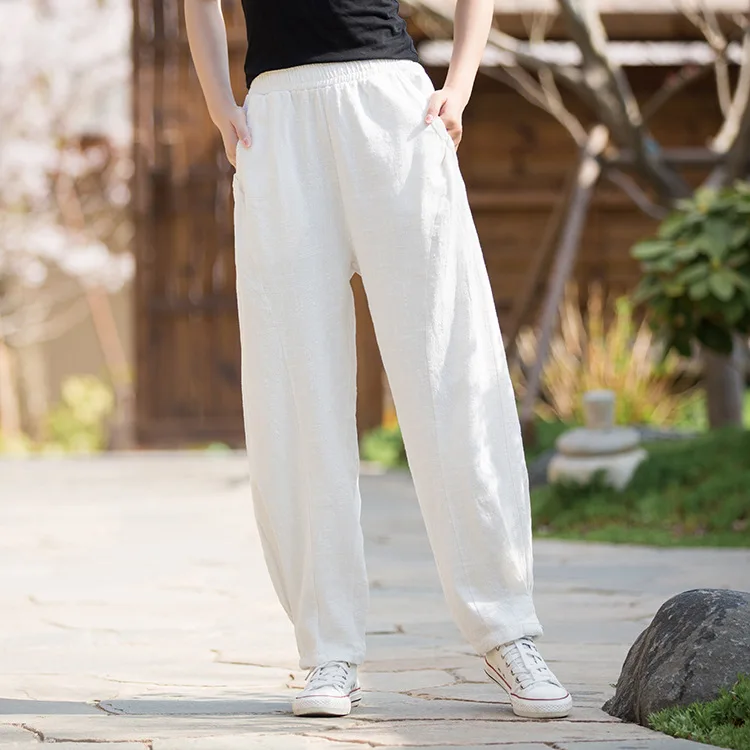 Winter women's fleece-lined ramie harem pants. Stone-washed, spliced design, vintage style, slimming and versatile.