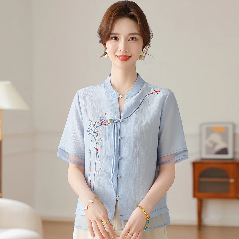 

Elegant Mom Summer Outfit New Chinese Style Short Sleeve Chiffon Shirt Set 2025 New Mid-Aged And Elderly Summer National Styl...