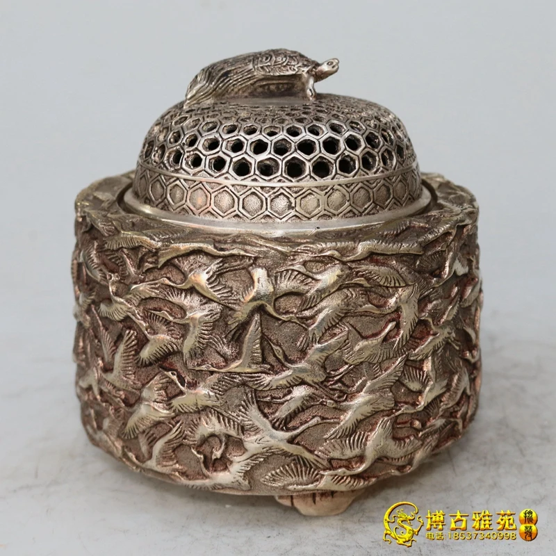 

Antique Bronze Ware Qing Dynasty Made Thousand Crane White Copper Incense Stove Pure Copper Antique Incense Stove Crafts