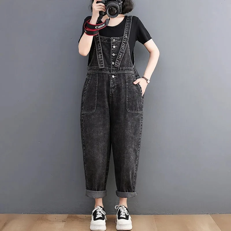 Korean Retro Casual Denim Overalls Women's Spring Summer New Large pockets haren wide leg Jumpsuit Student Loose Casual Jeans
