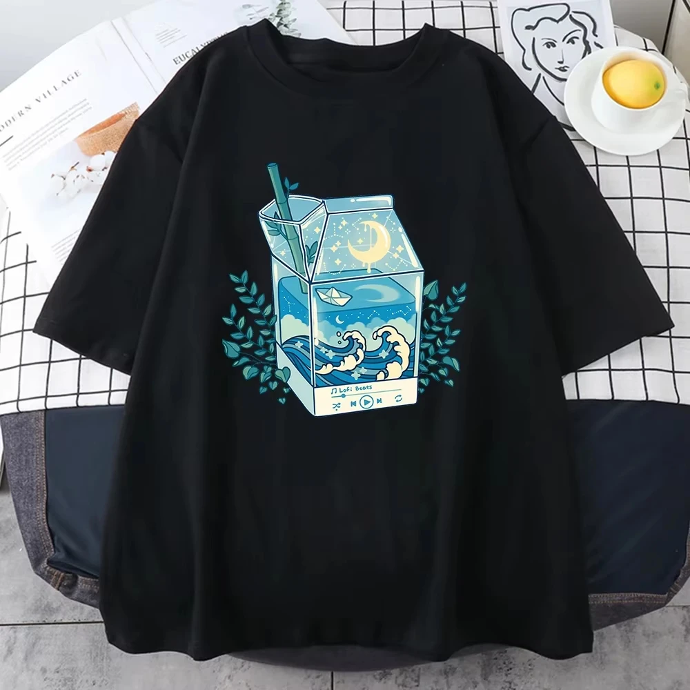 

2025 Aesthetic Cartoon Milk Box T-Shirt Oversized Tee for Men Women Moon Wave Print Summer Casual Korean Streetwear Men's Tops