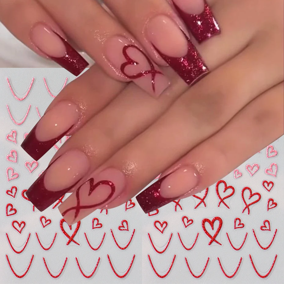 2 Stück rot rosa Liebe Herz Nail Art Aufkleber von Valentinstag Nägel Französisch Linien Design selbstklebende DIY Maniküre Dekorationen
