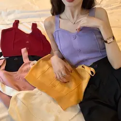 Tank Top Spaghetti Strap Women Summer Fashion 2026 Y2K Cute Korean Knitted Button Tight Casual Vest Crop Top Purple Camis Female