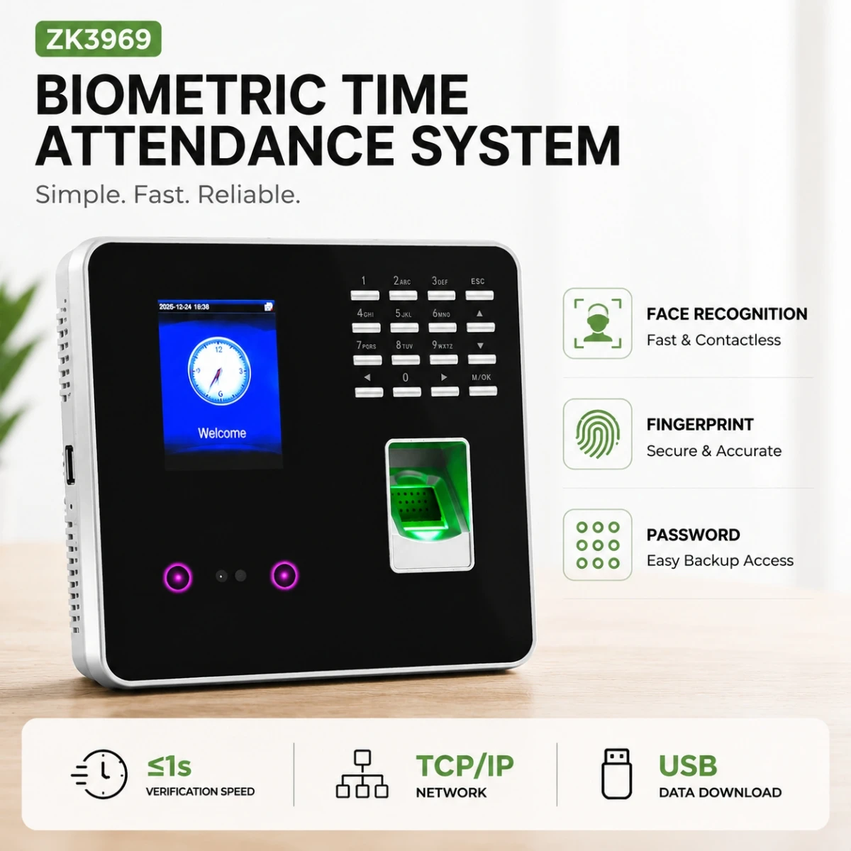 Face Recognition Time Attendance Machine ZK3969 Fingerprint Employee Clock 2.8 Inch Screen TCP/IP USB for Office Factory