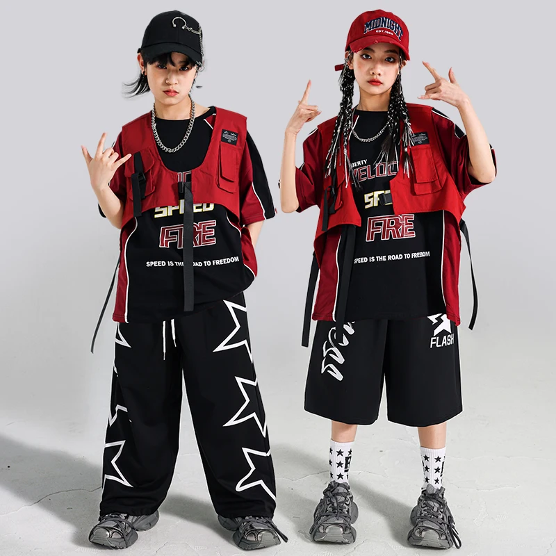 Jungen Hip Hop Lose T-shirt Rote Weste Cargo Hosen Street Dance Shorts Mädchen K-pop Jazz Kostüm Kind Kleidung Sets kinder Streetwear