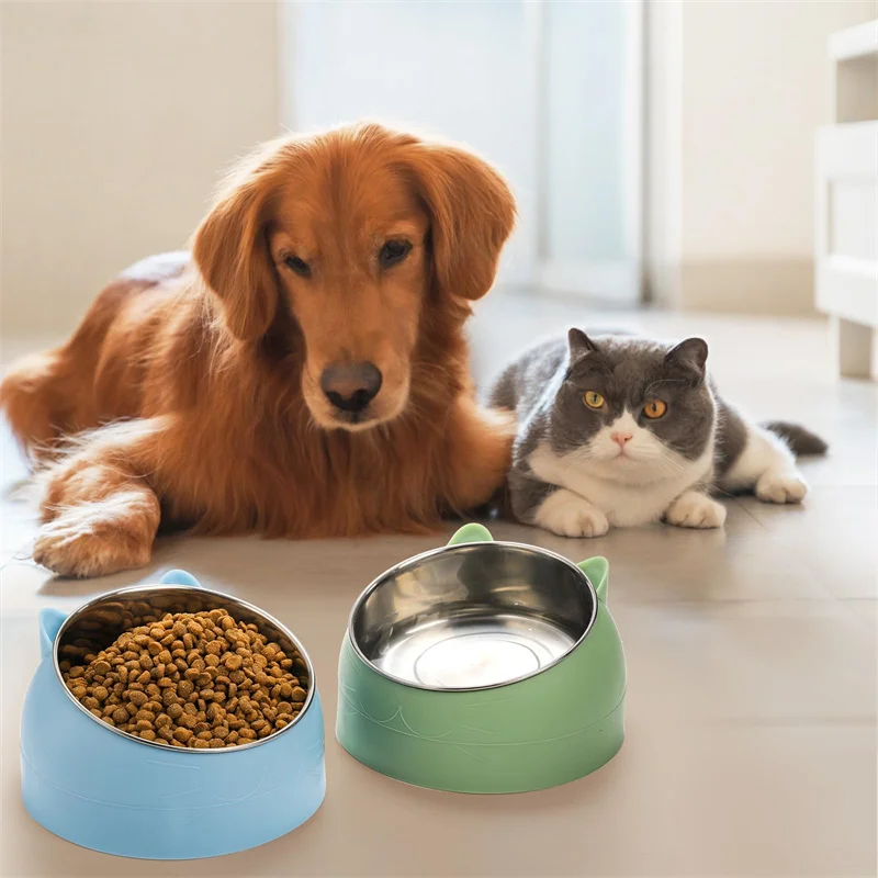 1pc Stainless Steel Cat Lovely Creative Inclined Kitten Puppy Food Feeding Bowls Cats Drinking Feeder Pet Dogs Cats Feeder