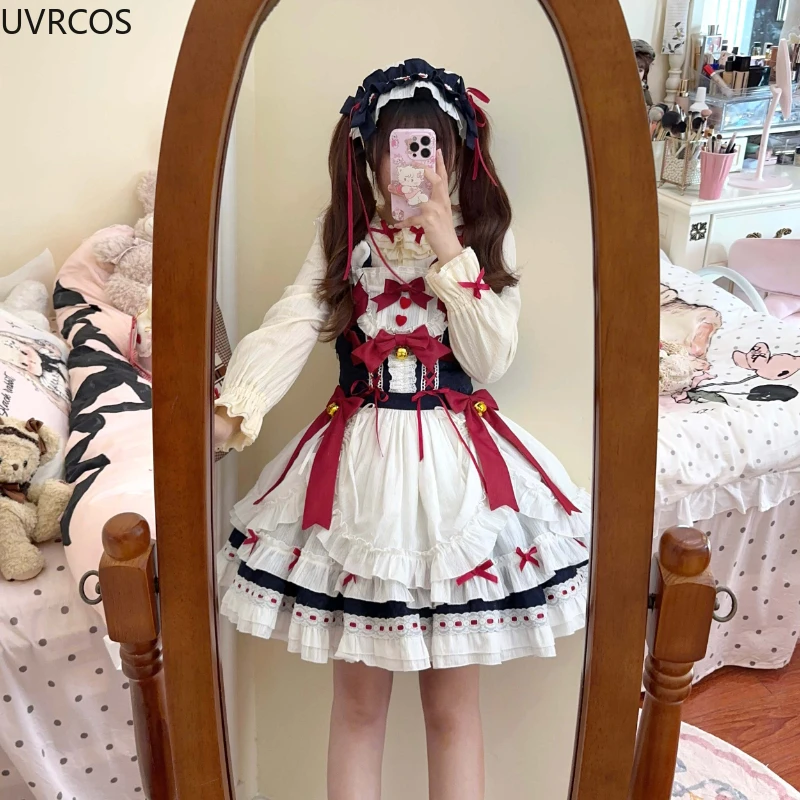 Kawaii Lolita Jsk sukienka kobiety urocza koronka falbany w kokardę sukienki księżniczki japońskie dziewczyny wiktoriańskie słodkie Mini sukienka na imprezę herbaty