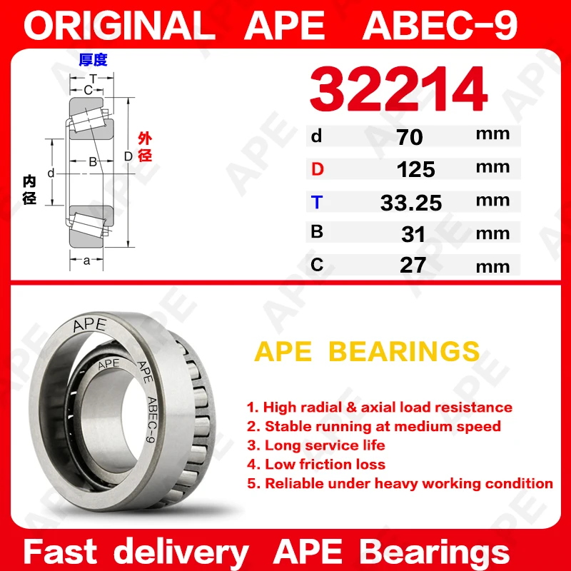1pcs Germany ABEC-9 APE Bearing 32214 70x125x33.25mm Single Row Cone Roller Bearing Precision Bearing for Machinery