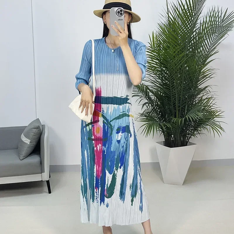 

ALSEY Pleated Dress Women's 2024 Spring New Fashion Printed Round Neck Mid-sleeve Loose Casual Fat MM Slim Pleated Skirt