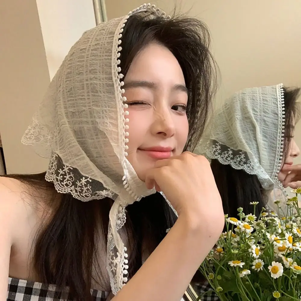 Sweet Lace Headscarf French Pastoral Style Triangular Headband Towel Sun Protection Fringe Headband Girls