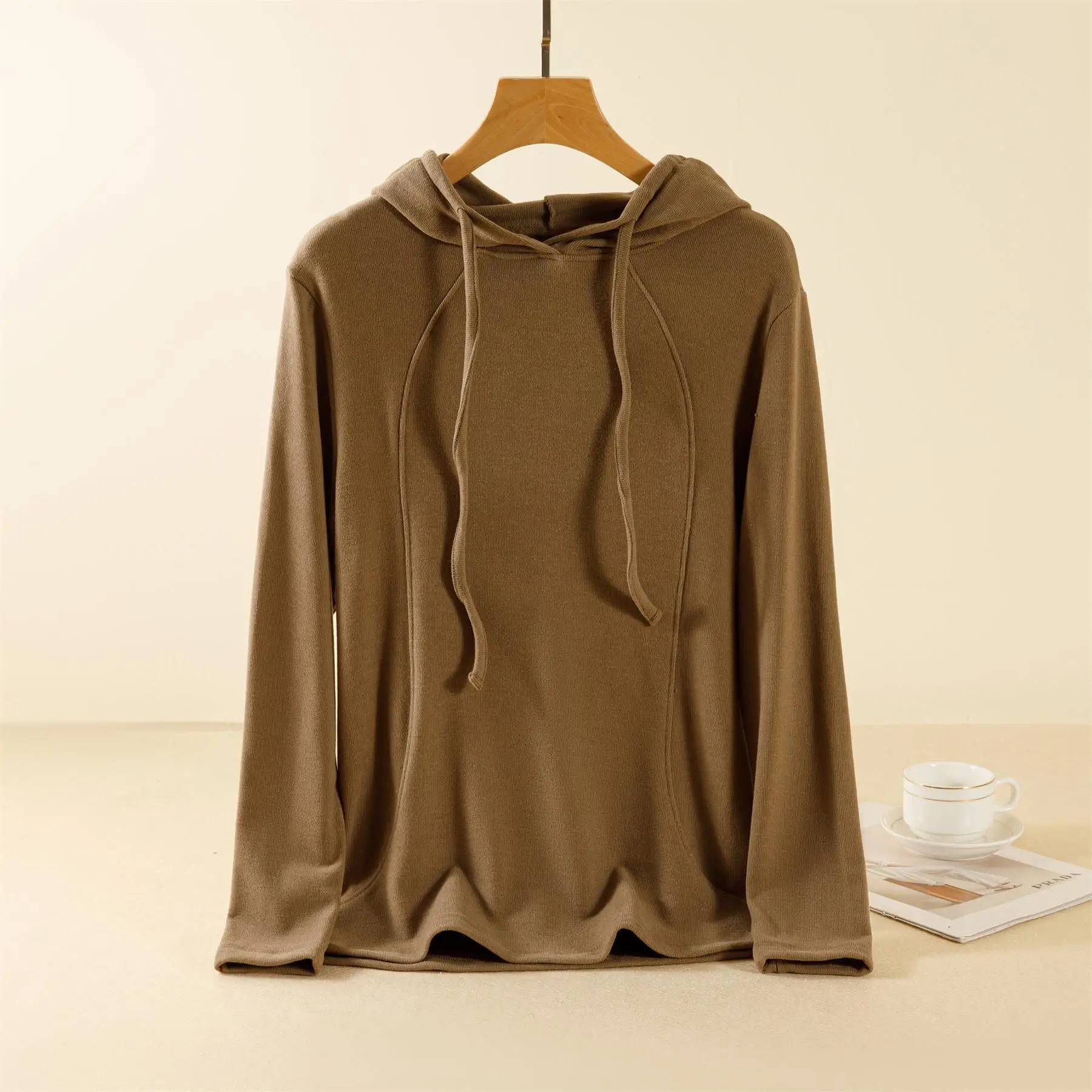 مزدوجة الوجهين Brued طويلة Sve مقنعين تي شيرت المرأة عادية Sle فضفاضة تناسب ألف خط صورة ظلية نسيج البوليستر