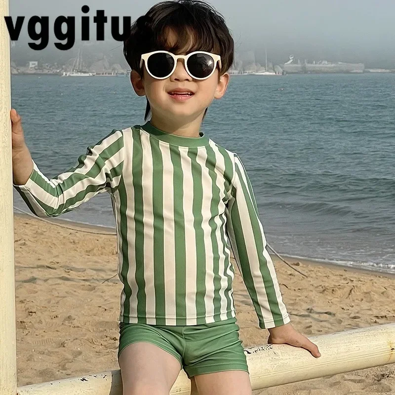 Korean Style Summer Baby Boy's Swimwear Sunscreen Long Sleeved Striped Swimsuit+Swim Trunks Children Swimsuit Beach Shorts H3326