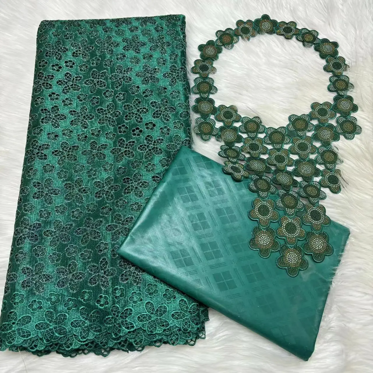 High Quality 2.5yards Swiss Cotton Lace Fabric with 2.5yards Bazin Riche Fabric +Collar Set Hot Sale for Women Dress L512-24