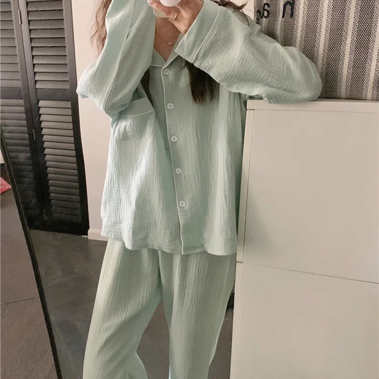 New Women\'s Rustic Style Floral Lapel Cardigan Pajamas Loungewear   Ladies Imitation Cotton Wrinkled Fabric Girl Sweet Set Women