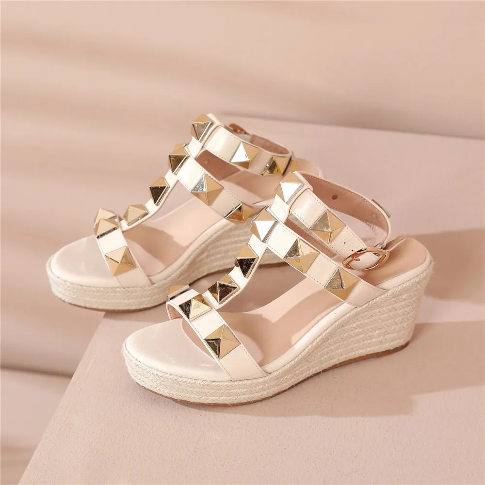 MILI-MIYA Classic Fashion Women Sheep Skin Rivet Wedges Sandals Round Toe Ankle Wrap Buckle Strap Solid Color Summer Shoes