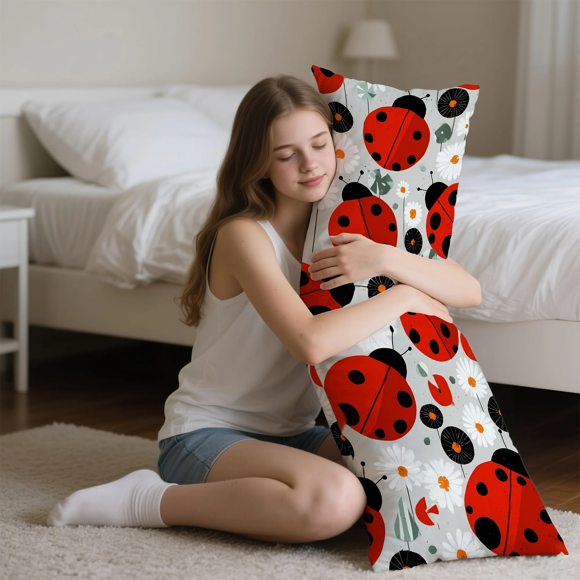 Ladybug Floral Velvet Body Pillow Cover,Red & White with Black Bugs & Green Leaves, Contemporary Style