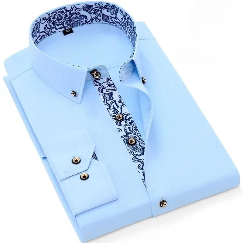 قميص رجالي بياقة بورسلين زرقاء وبيضاء ، طية صدر ، بلون سادة ، أكمام طويلة ، كلاسيكية وأنيقة ، جودة عالية ،