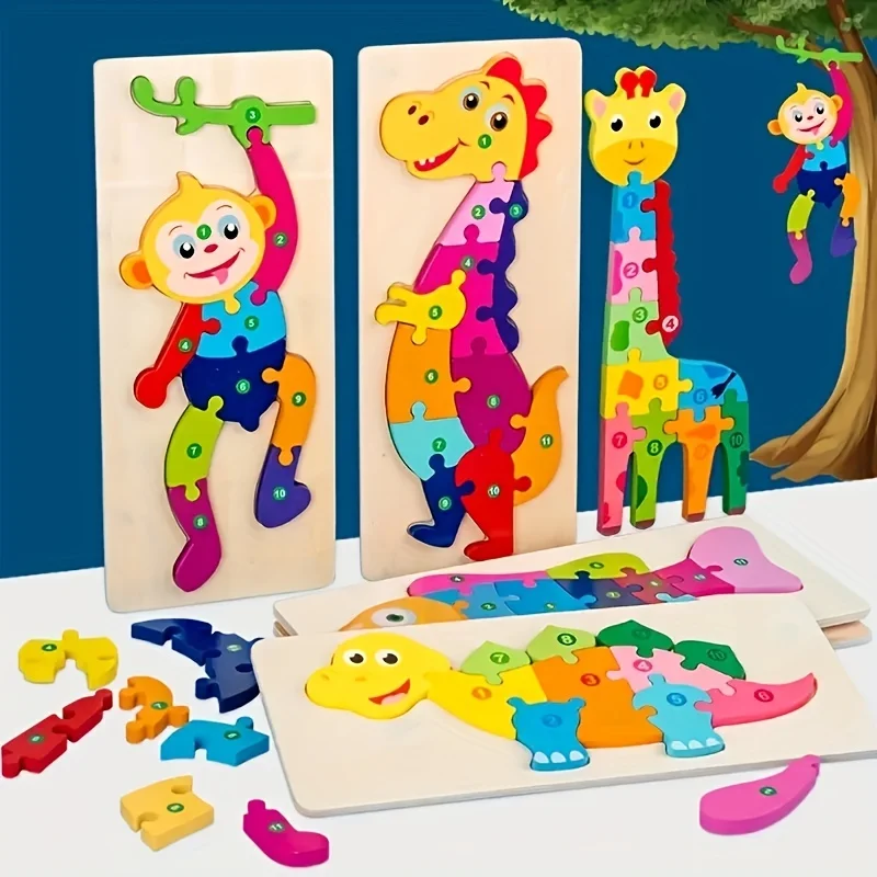 Montessori Wooden Colorful Animal 3D Puzzle for Developing Motor Skills and Cognitive Abilities, Childrens Early Learning Toys