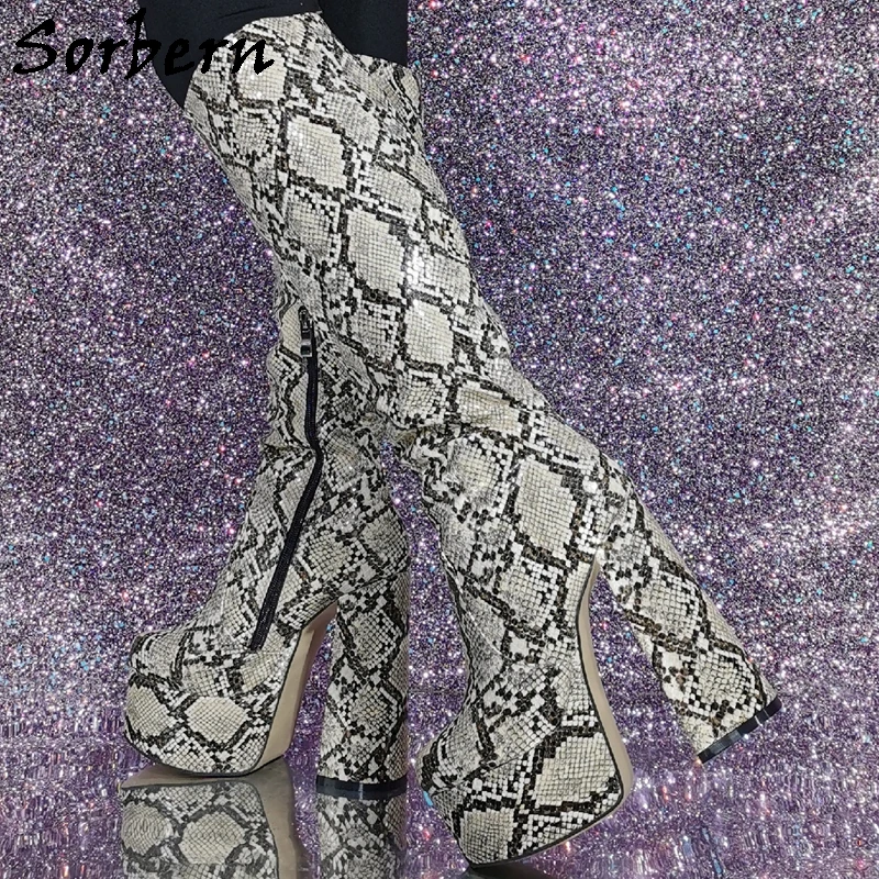 

Sorbern Custom Grey python Boots Women Knee High Chunky Heels 15Cm Cosplay Drag Queen Shoes Visible Platform Shoes Half Zipper