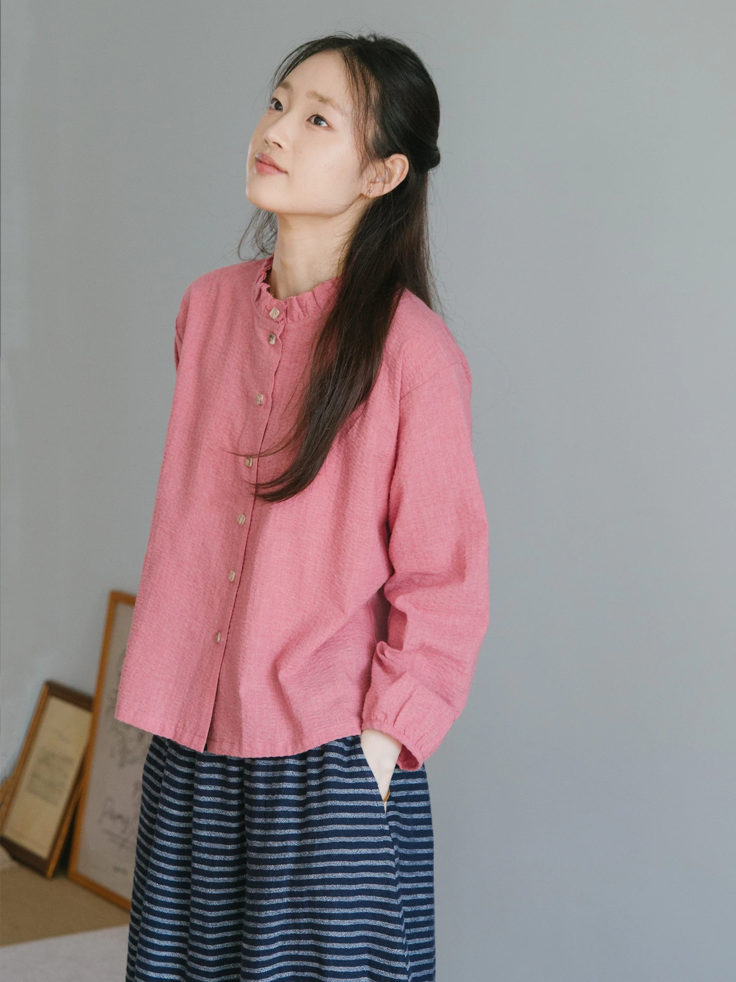 

Oriental Design Cotton irt Color Woven Texture Fabric Red Artistic Top for Younger Looking Loose Fit Long Sve Button up