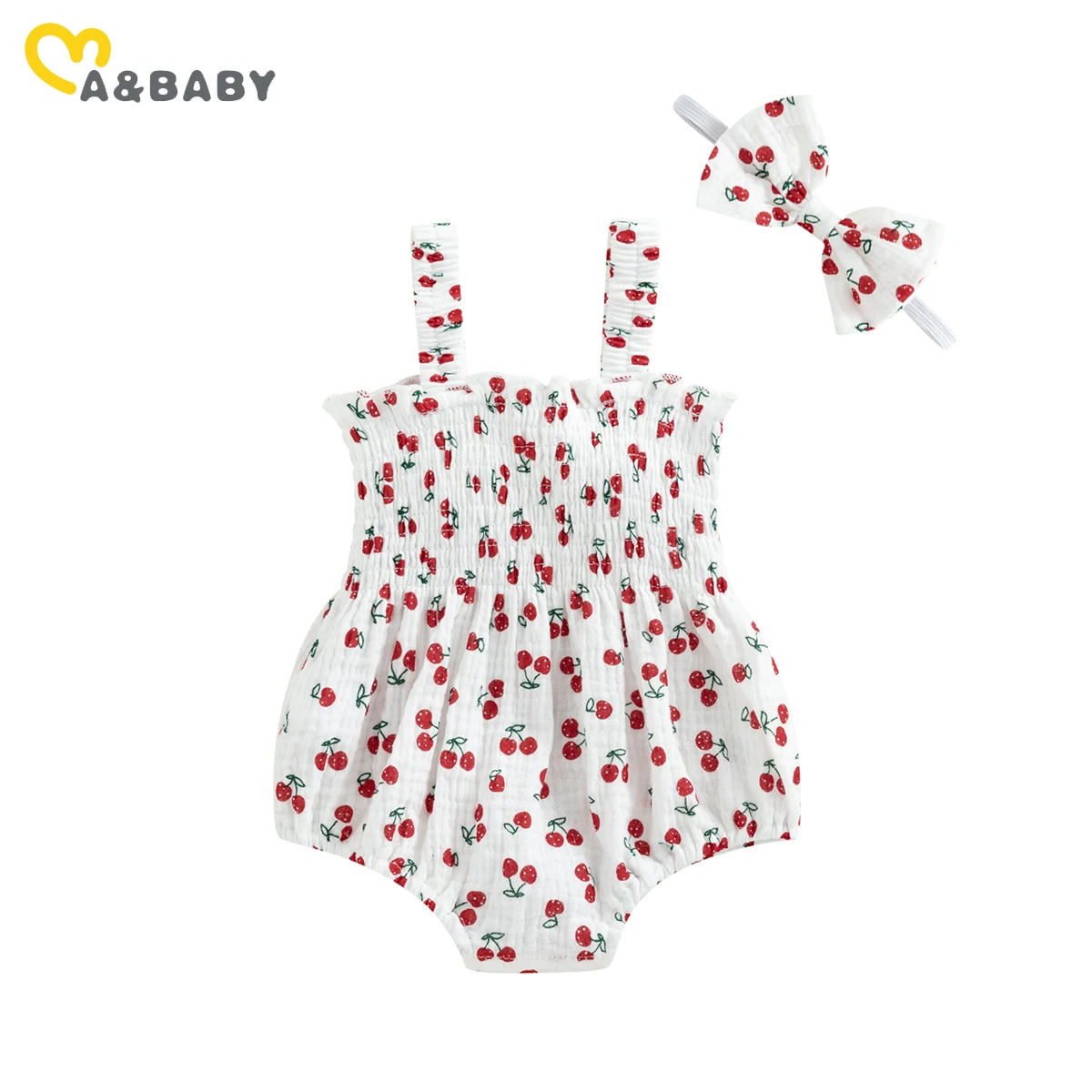 ma&baby 0-18M Newborn Baby Girls Romper Toddler Infant Jumpsuit Ruffles Sleeveless Cherry Print Overalls Summer Clothing