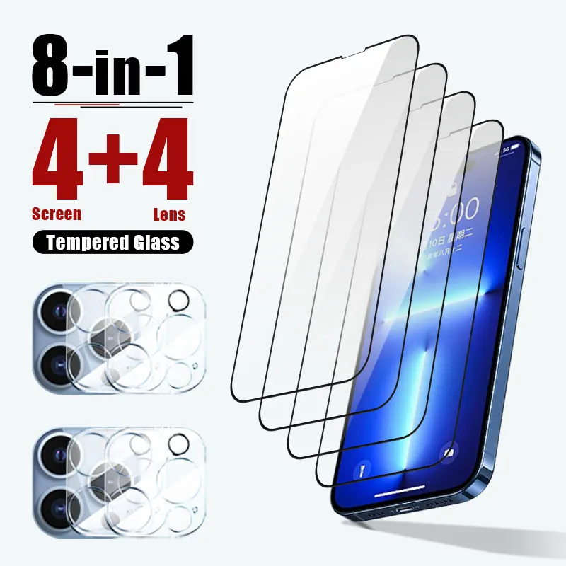 

8in 1 phone screen protector for iPhone 14 plus 15 pro max 13 12 mini 11 full cover Camera Lens Tempered Glass protective Film