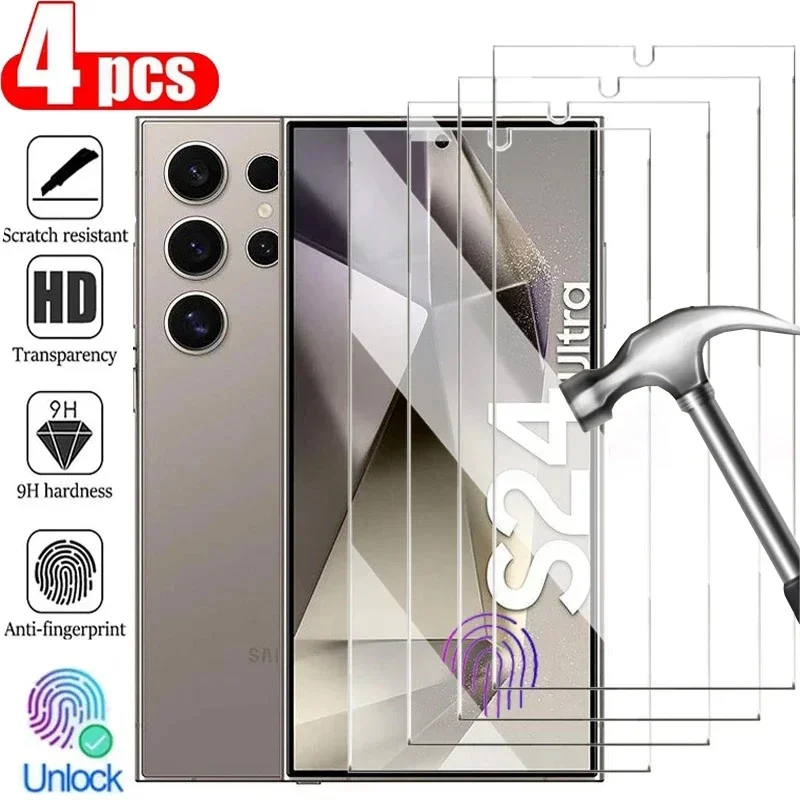 

4PCS Full Cover Tempered Glass For Samsung Galaxy S24 Ultra S24 Plus Fingerprint Screen Protector S25Ultra Protective HD Glass