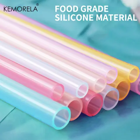 KEMORELA 6 PCS  Reusable Straws Transparent Silicone Food Grade ,Bendable Straight Drinking Straw With Cleaning Brush Set Home