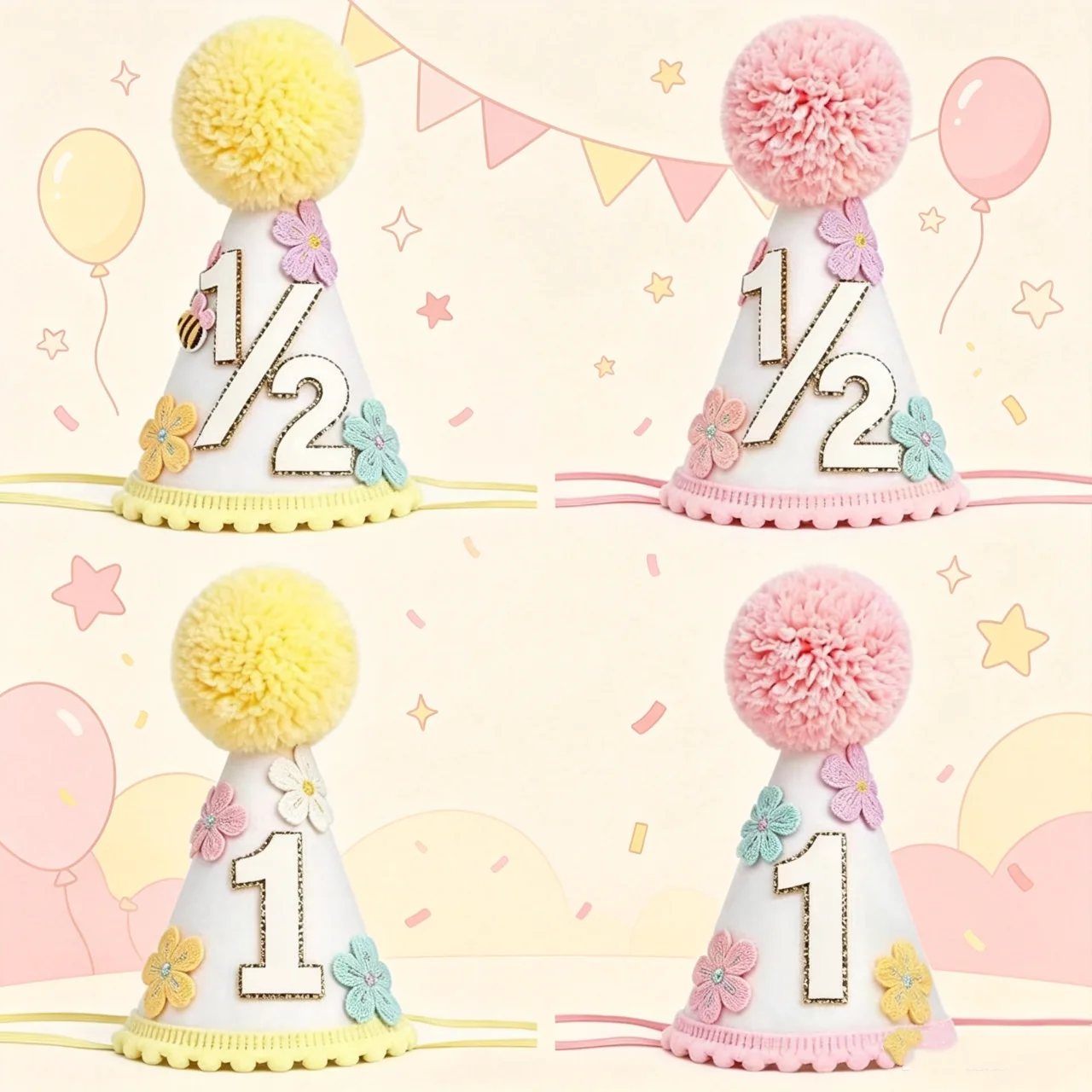 Party Hat Cone - カラフルなフラワー1歳半誕生日コーンハット 女の子用、ベビー1/2歳誕生日コーンハット パーティーハット衣装 女の子/男の子用