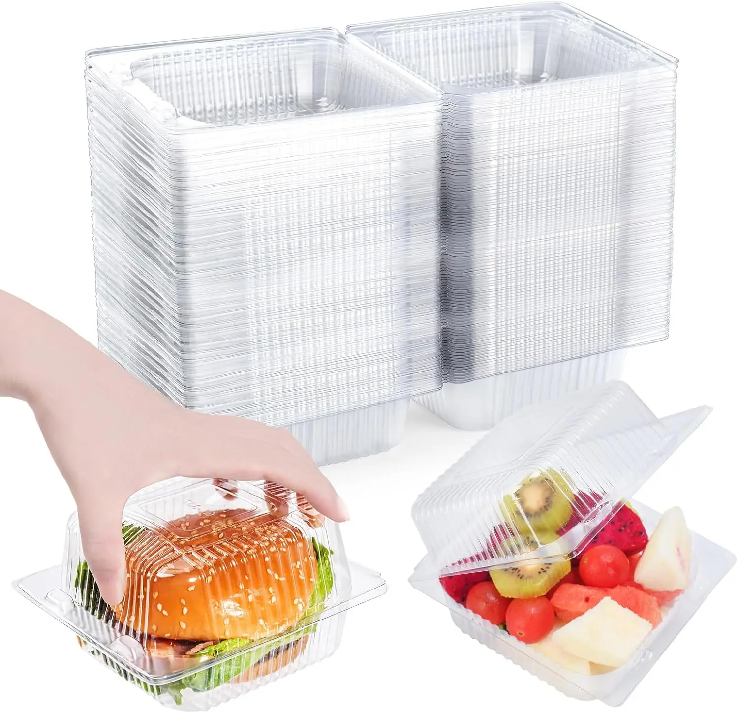 Paquete de 100 Contenedores Transparentes Tipo Concha para Alimentos con Tapas, Cajas Desechables de Plástico con Bisagras para Llevar Postres, Rebanadas de Pastel, Galletas, Ensaladas, Bocadillos