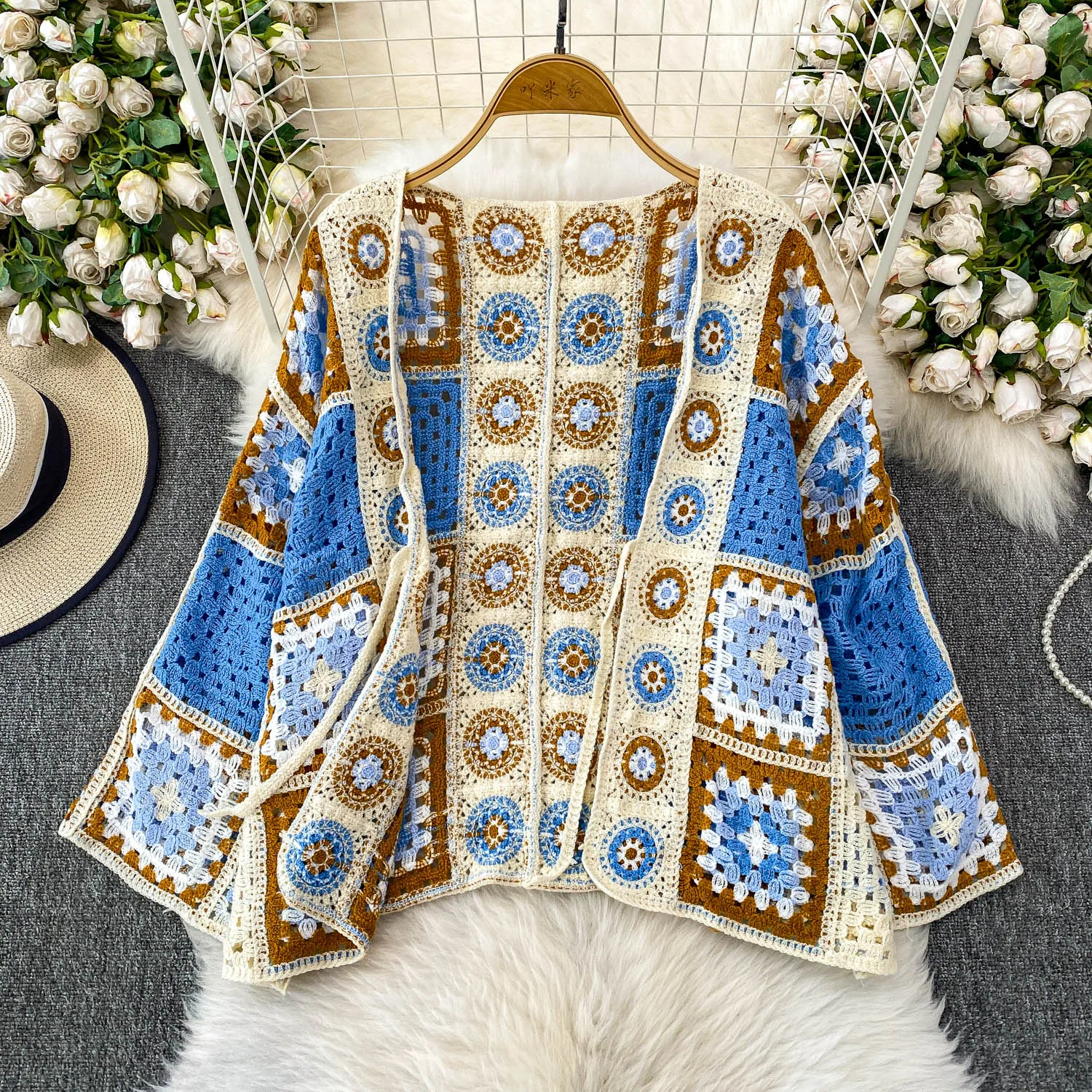 Women's Crochet Cardigan Open Front with Tie Granny Square Openwork Knit Oversized Jacket Top Female Summer Boho Vacation Outfit