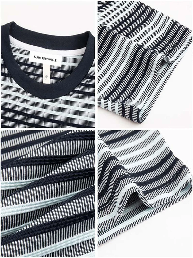Mark Fairwhale Summer Stripe Short Sleeve Casual Men's T-shirt Half Sleeve American Color Block Loose Fit Breathable round Neck