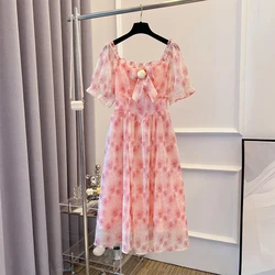 Plus size women's Summer Pink Fairy Dress Bow applique ribbon lined with stylish elegant party dress Polyester printed commuter