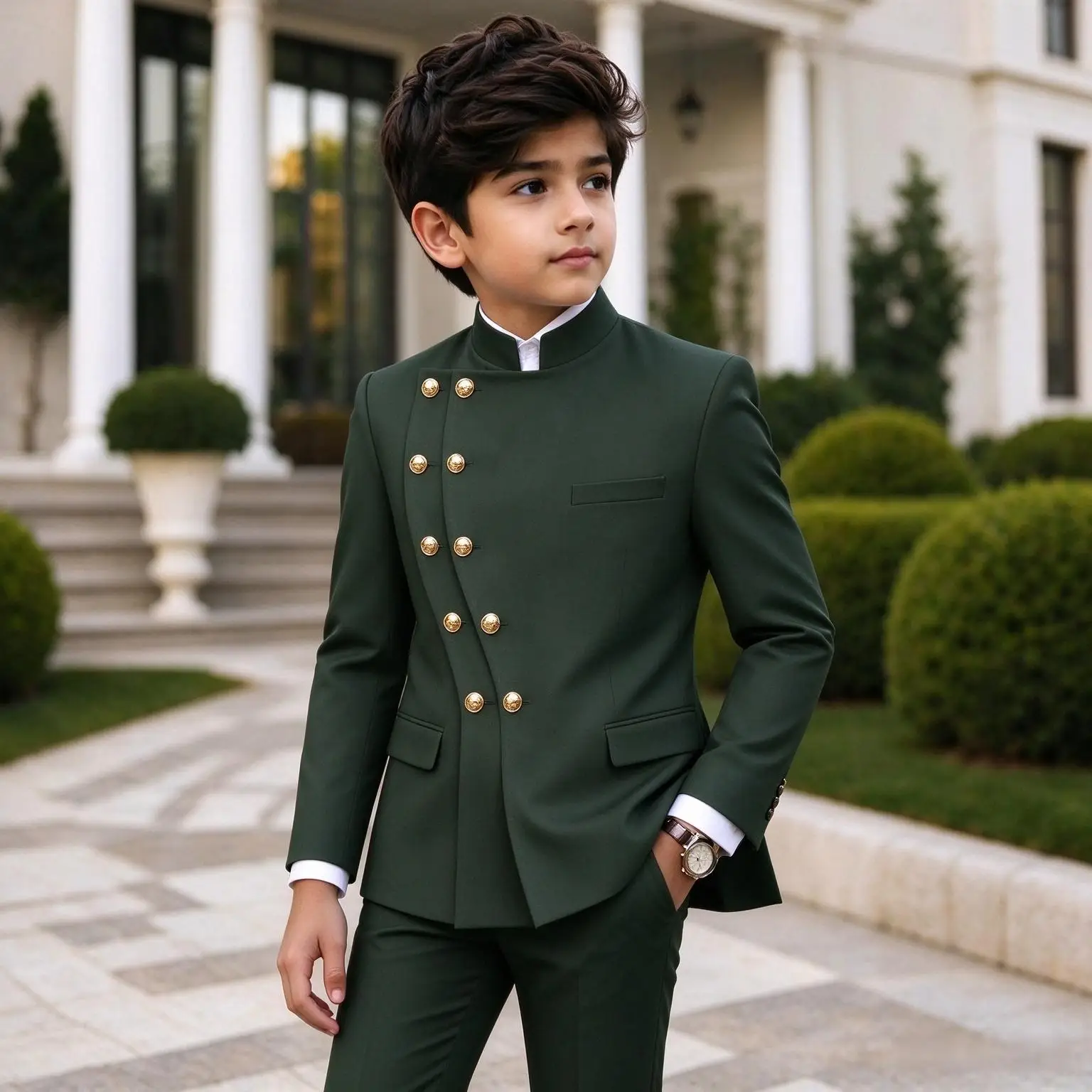 Dark Green Boy Suits Wedding Double Breasted Kid Tuxedo Outfits 2 Pieces Stand Collar Formal Birthday Suit for Prom Party Events