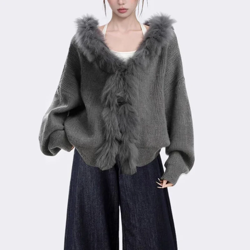 Fall Winter Lazy Wind Cardigan Women Casual Faux Fur Collar Hooded Sweater Fashion All Match Warm Buttons Knitwear Outwear New