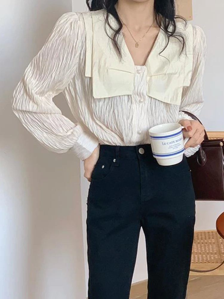 Blouse Women Korean Style Chic New Design Personality Autumn Stylish Girls Simple Patchwork Bow Retro Loose All-match Daily Cozy