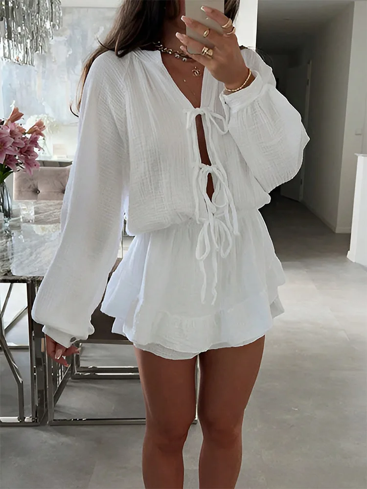 

Fashion Women's Ruffles Short Dress Elegant V Neck Lace Up Lantern Long Sleeve Mini Vestido Chic Female 2025 Sexy Solid Dresses