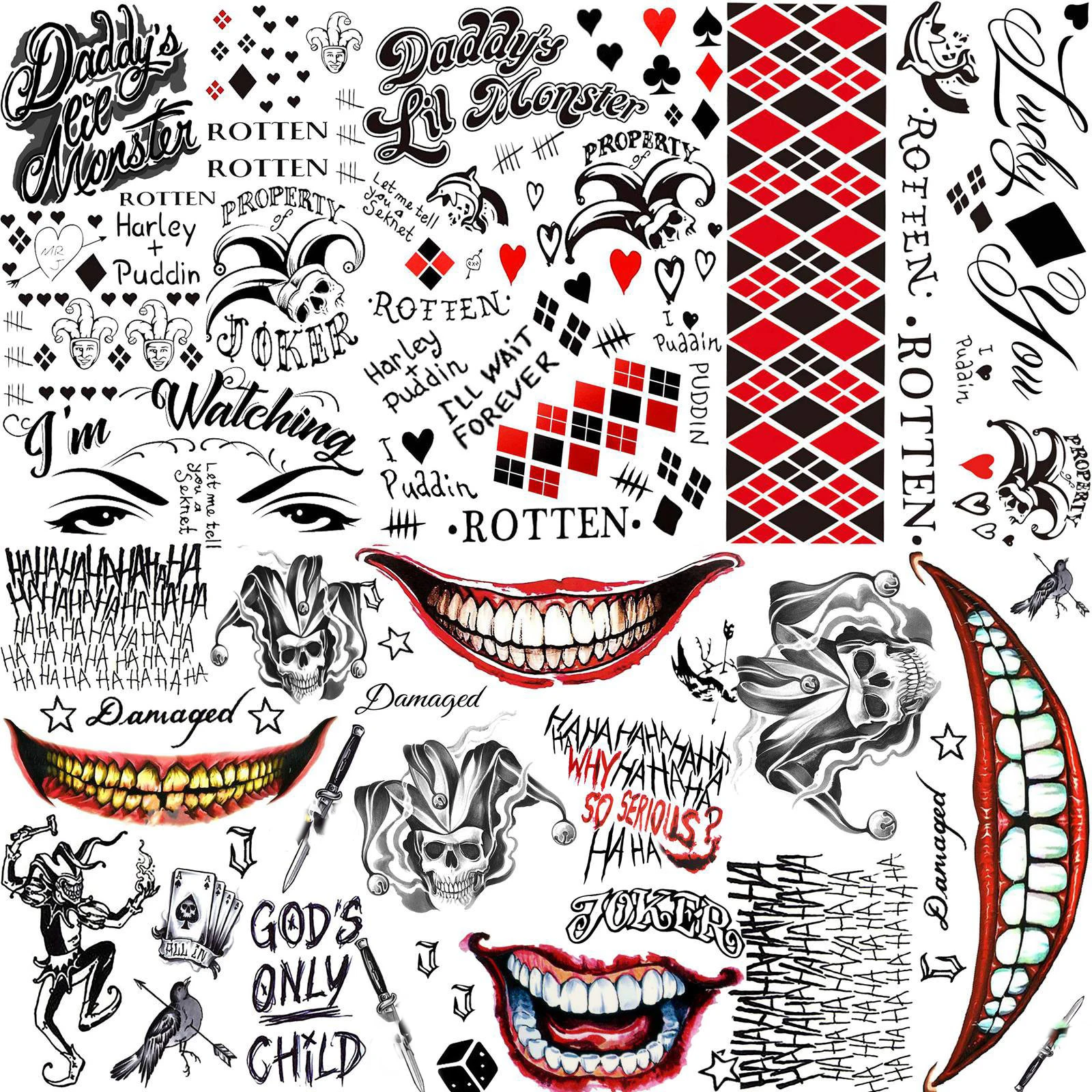 5 Blatt Joker-Tattoos, Harley Crazy Clown Joker, temporäre Tattoos für Männer und Frauen, Halloween-Kostüm