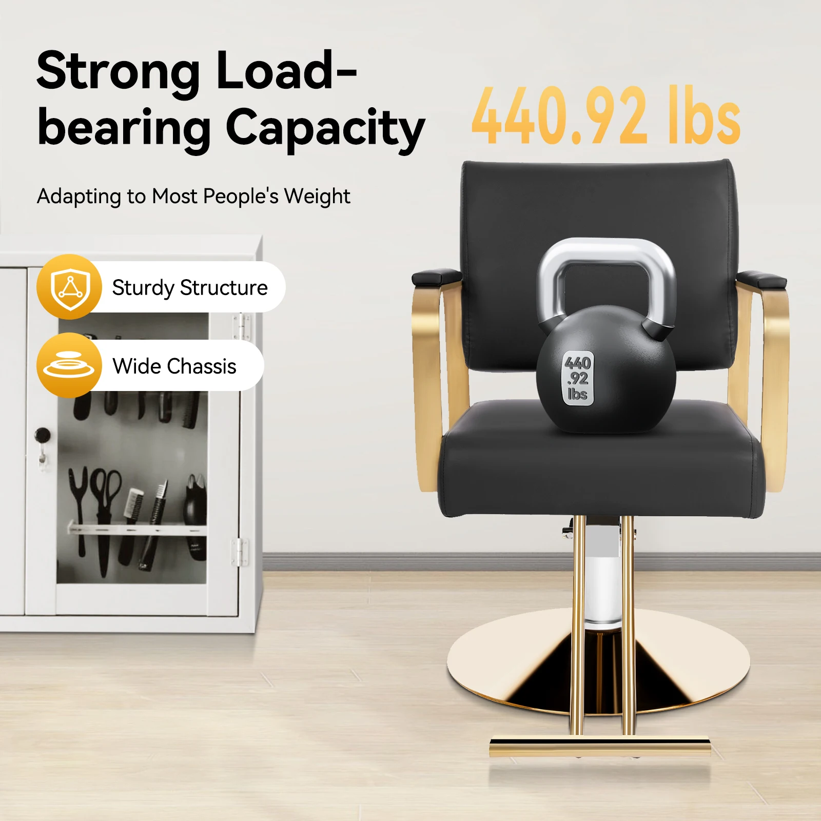Stylist Chairs for Salon, Modern Salon Chair Adjustable Height , 360° Rotatable Barber Chair 200kg/440.92lbs for Barber Shops Homes & Spas (Black+Golden)