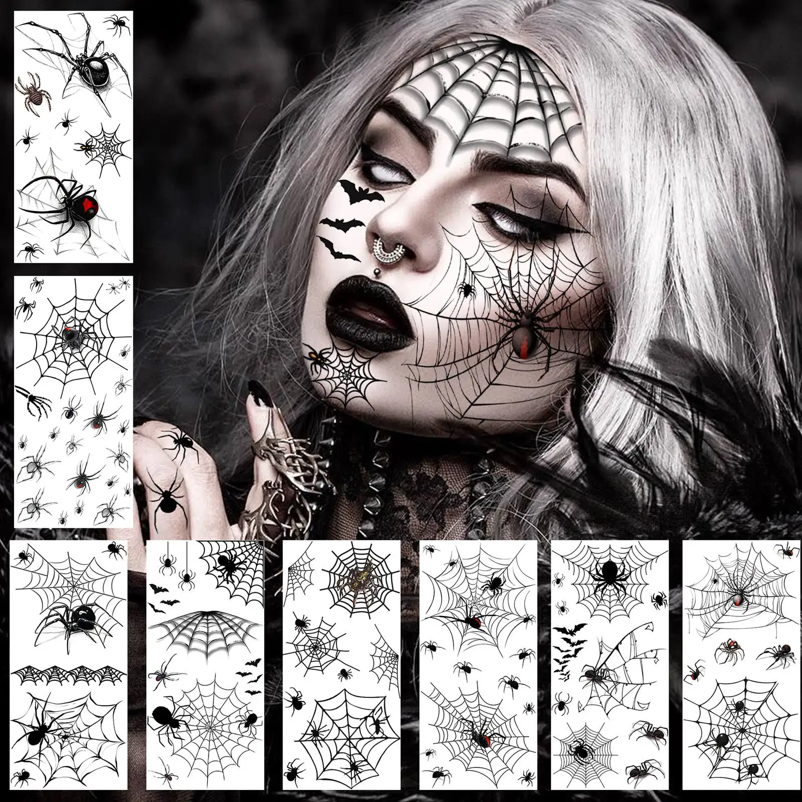 

8 Sheets Horrible Realistic 3D Spiders Spiderweb Temporary Tattoos For Men Women Adults Halloween