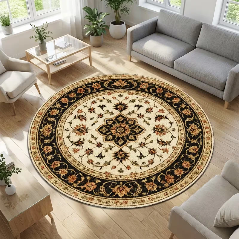 Vintage Turquoise Floral Medallion Round Rug Non Slip Soft Circular Mat Oriental Botanical Carpet Living Room Decor