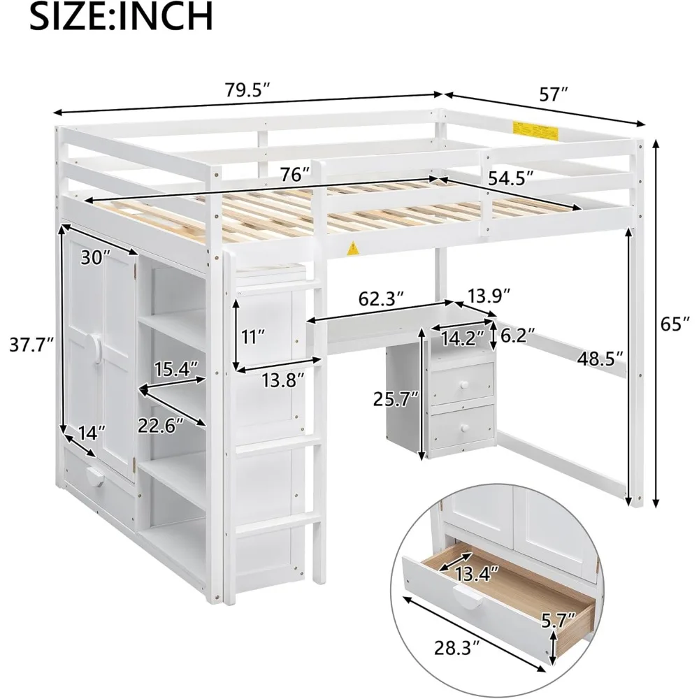 Full Size Loft Bed with Wardrobe and Desk, Wood Loft Bed Frame with Storage Shelves and Drawers for Adults Teens and Kids, White