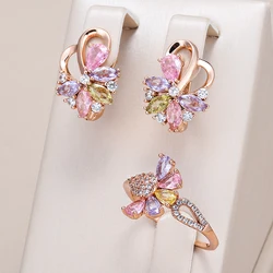 Kinel Hot 585 Rose Gold Color Flower Earrings Rings For Women Fashion Colorful Natural Zircon Accessories Daily Jewelry Sets
