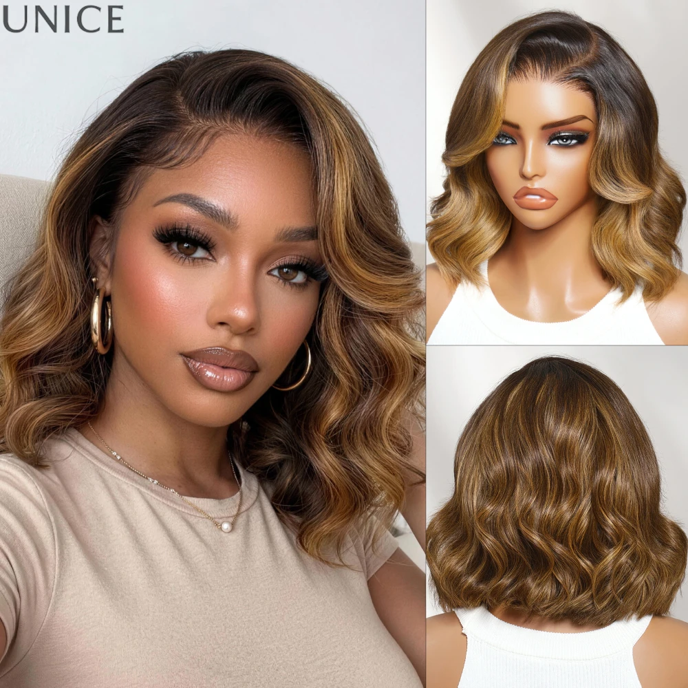 UNICE Bye-Bye Slip 7x5 & 13x4 Lace Frontal Brown With Honey Blonde Face-Framing Highlights Wavy Bob Glueless Wig With Drawstring