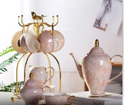 

Marble Bone China Coffee Set Marbling Porcelain Tea Pot Cup Ceramic Mug Sugar Bowl Creamer Teapot Party Drinkware Coffeeware