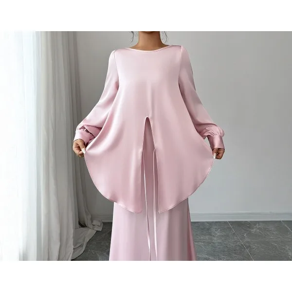Abito da donna rosa 2025 Primavera Autunno Moda semplice Girocollo Manica lunga Cravatta in vita Abiti finti in due pezzi Gonna da donna da ufficio