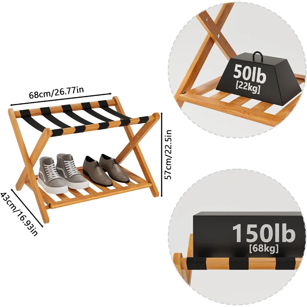 خزانة تخزين / رف أمتعة عسل مجمع بالكامل، حامل حقيبة قابل للطي من الخيزران مع 5 أشرطة من النايلون، حامل أمتعة #6